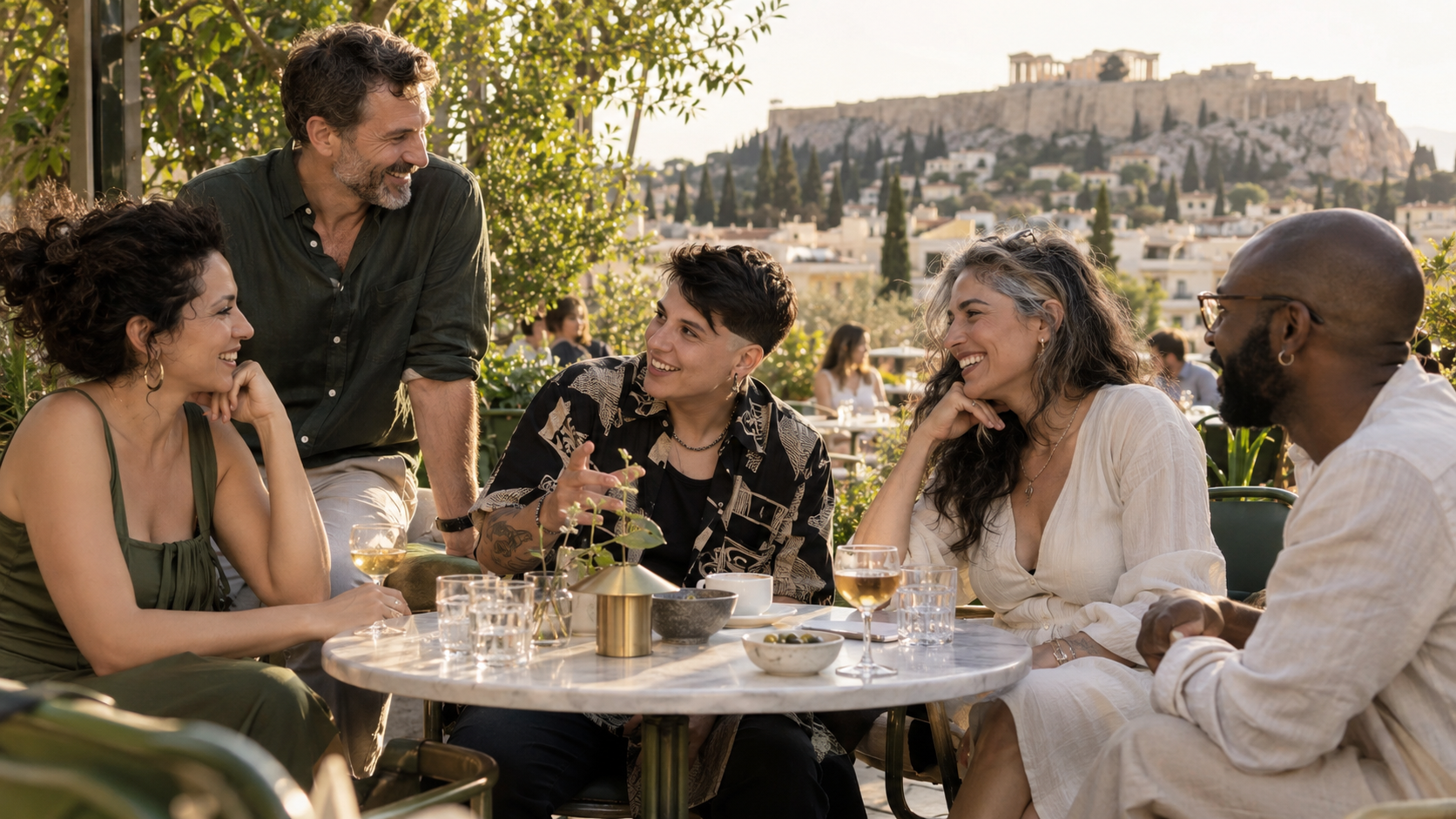 Διαφορετικοί ενήλικοι άνθρωποι συναντιούνται σε έναν ζεστό αθηναϊκό χώρο